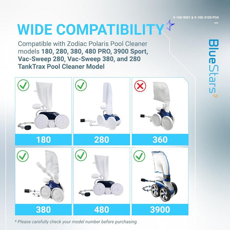 Compatibility chart for Polaris pool cleaner parts showing compatible and incompatible vacuum models.