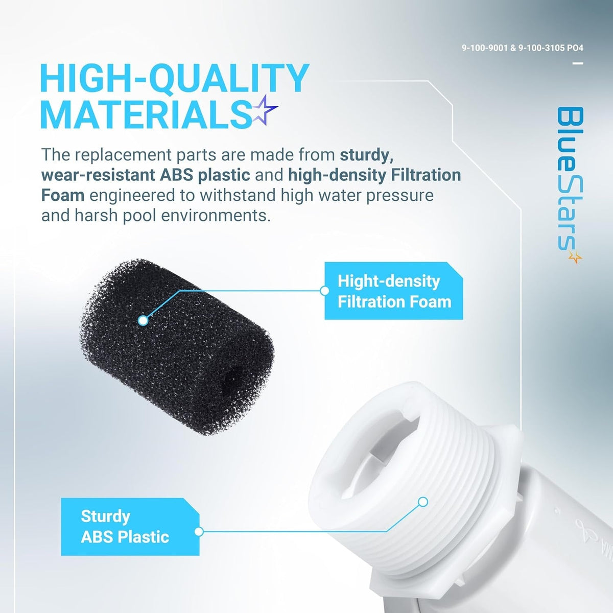 Infographic showing pool cleaner 9-100-3105 sweep hose scrubber foam and 9-100-9001 UWF connector ABS plastic material.