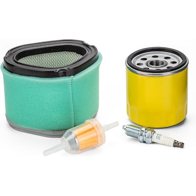 Lawn mower tune-up kit including air filter, oil filter, fuel filter, and spark plug for John Deere and Kohler engines.