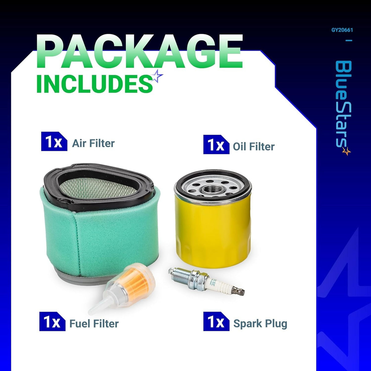 GY20661 tune-up kit including air filter, oil filter, fuel filter, and spark plug for John Deere lawn mowers.