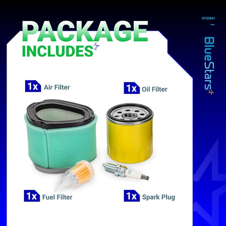 GY20661 tune-up kit including air filter, oil filter, fuel filter, and spark plug for John Deere lawn mowers.