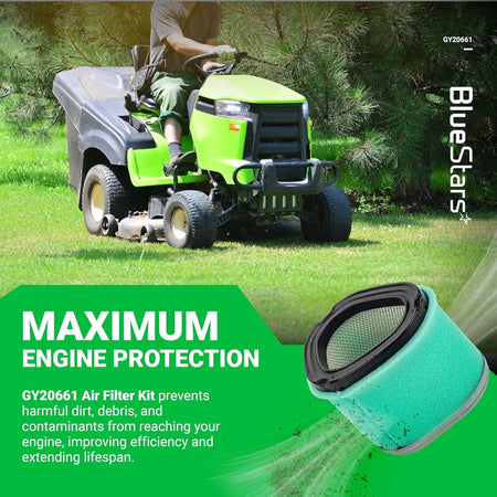 GY20661 air filter for John Deere lawn mowers shown with a green lawn tractor in a promotional graphic.