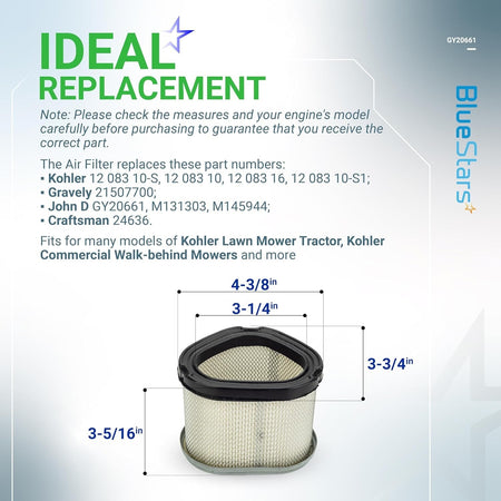 GY20661 air filter replacement for Kohler lawn mowers showing dimensions and compatibility specifications.
