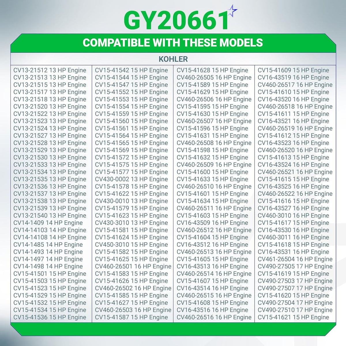Compatibility chart for GY20661 air and oil filter tune-up kit listing compatible Kohler engine models.