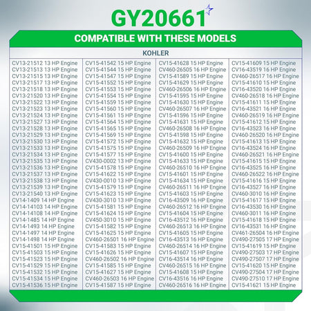 Compatibility chart for GY20661 air and oil filter tune-up kit listing compatible Kohler engine models.