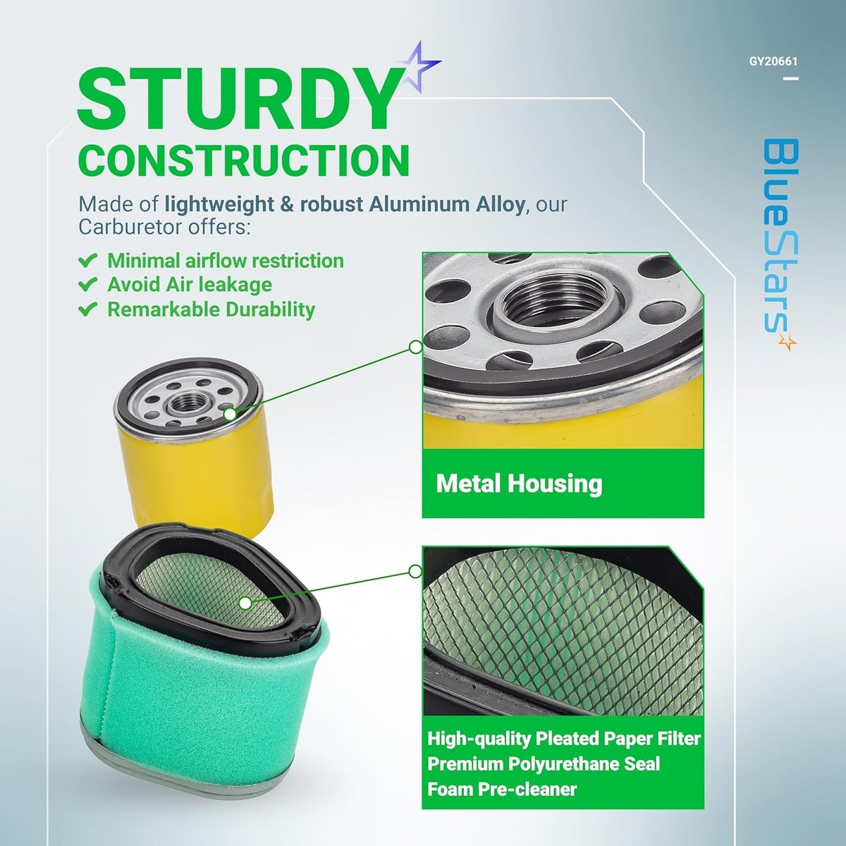 Infographic showing GY20661 oil filter metal housing and air filter with pleated paper and foam pre-cleaner.