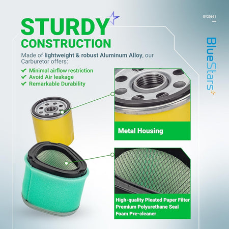 Infographic showing GY20661 oil filter metal housing and air filter with pleated paper and foam pre-cleaner.