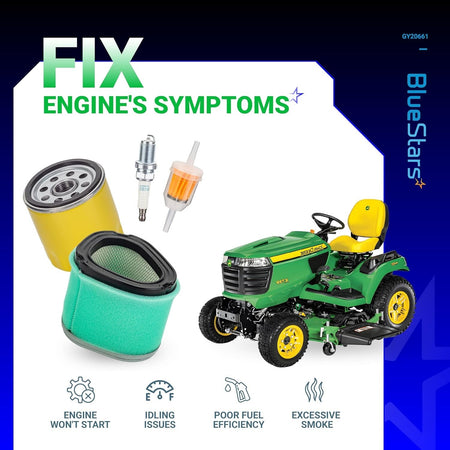 GY20661 tune-up kit with air filter, oil filter, spark plug, and fuel filter for John Deere lawn mowers.
