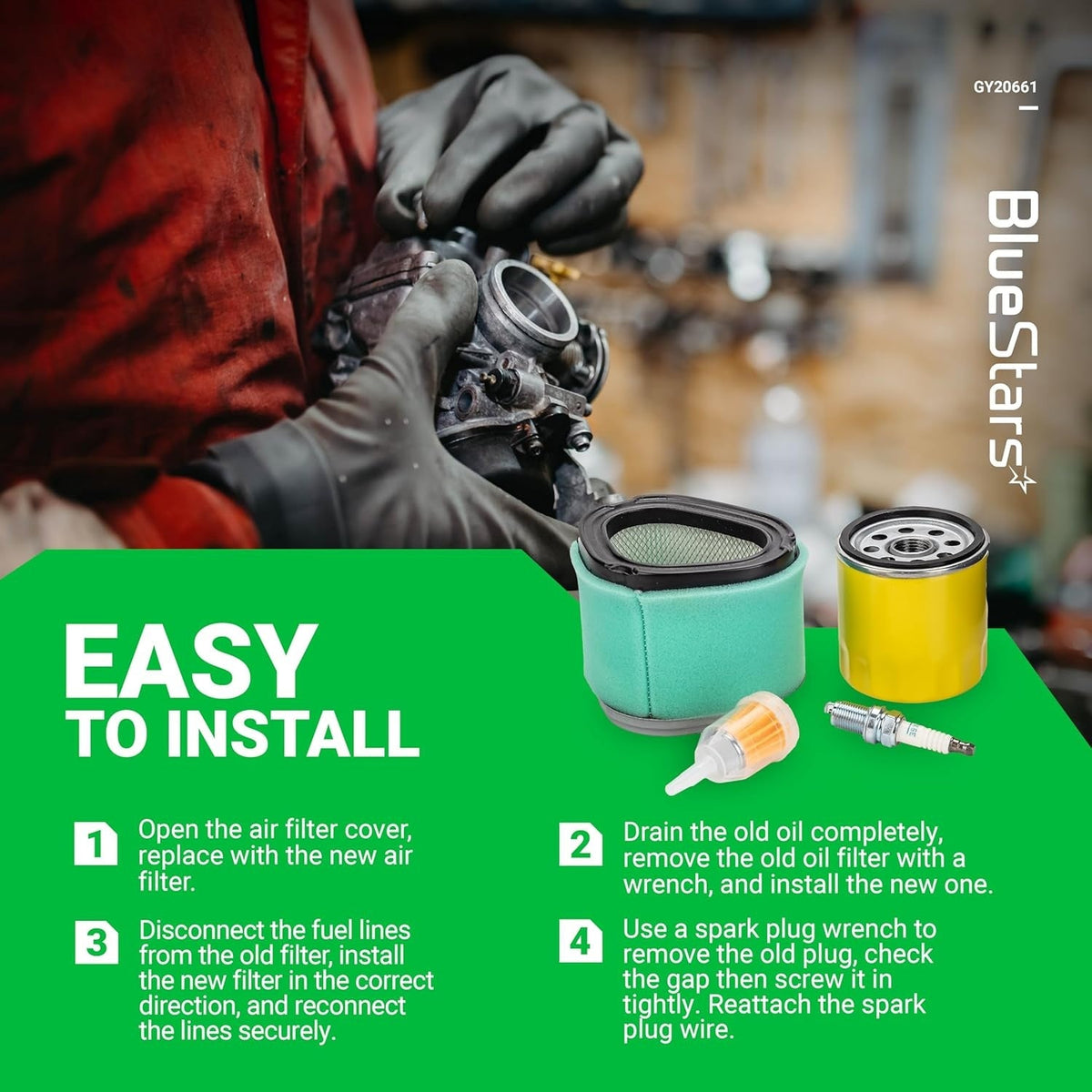 GY20661 tune-up kit components including air filter, oil filter, fuel filter, and spark plug with installation guide.