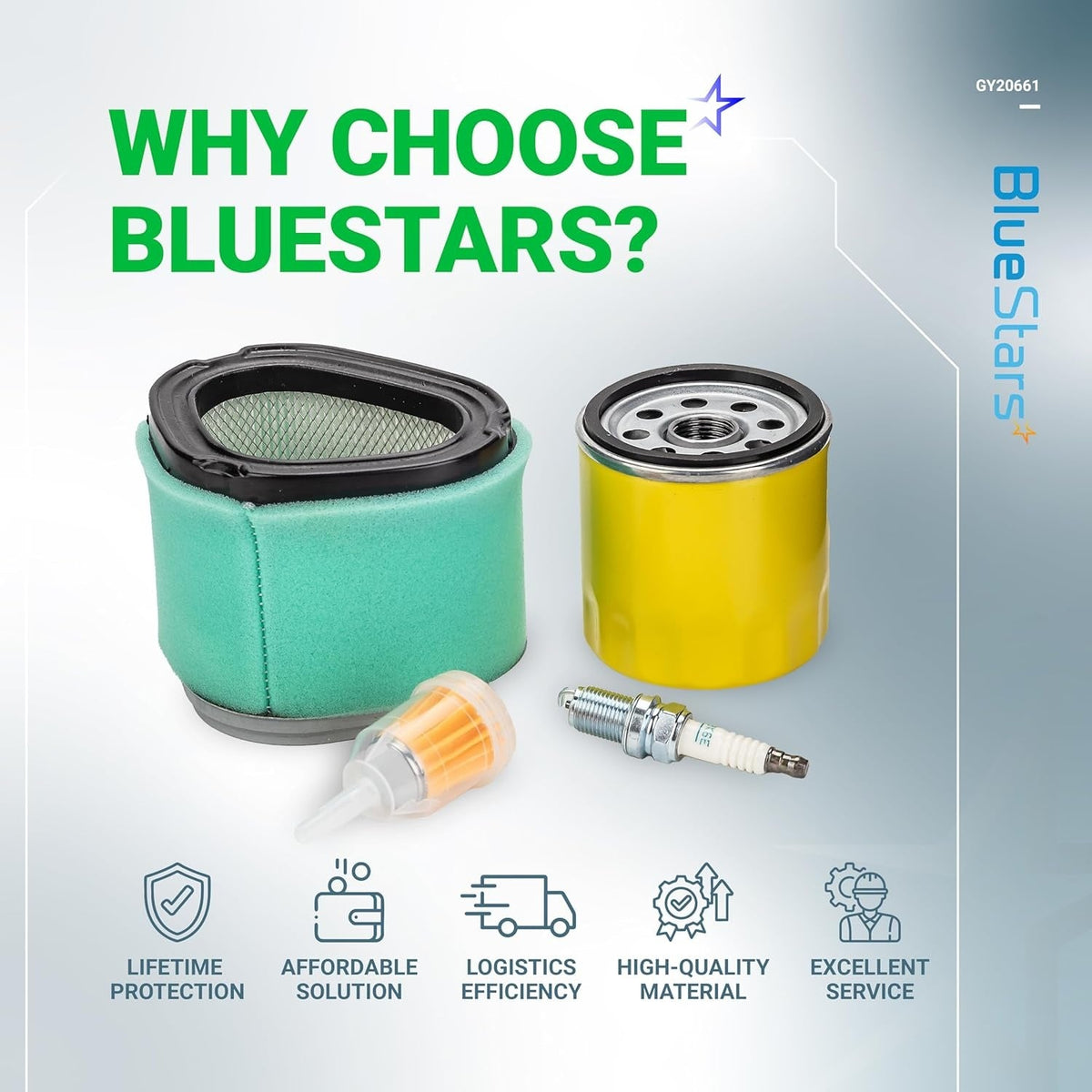 GY20661 tune-up kit including air filter, oil filter, fuel filter, and spark plug for John Deere lawn mowers.