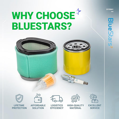 GY20661 tune-up kit including air filter, oil filter, fuel filter, and spark plug for John Deere lawn mowers.