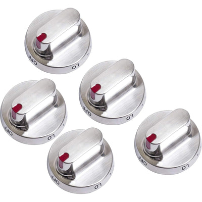 Set of five stainless steel Samsung stove replacement knobs with red indicator markers.