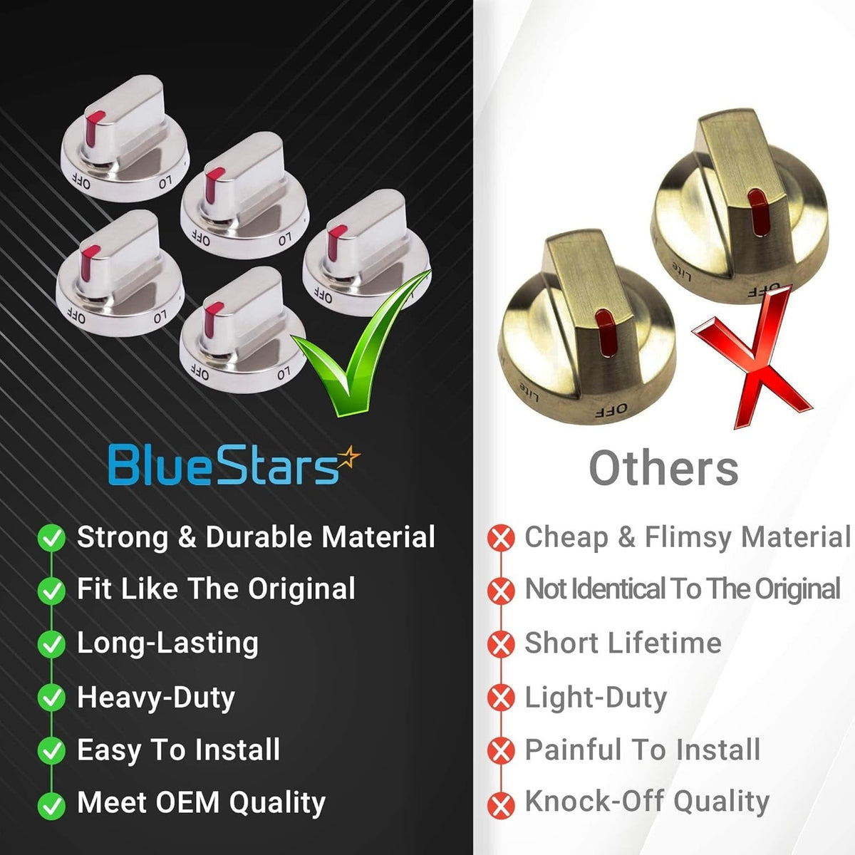 Comparison chart showing BlueStars Samsung stove knobs versus inferior aftermarket range oven control knobs.