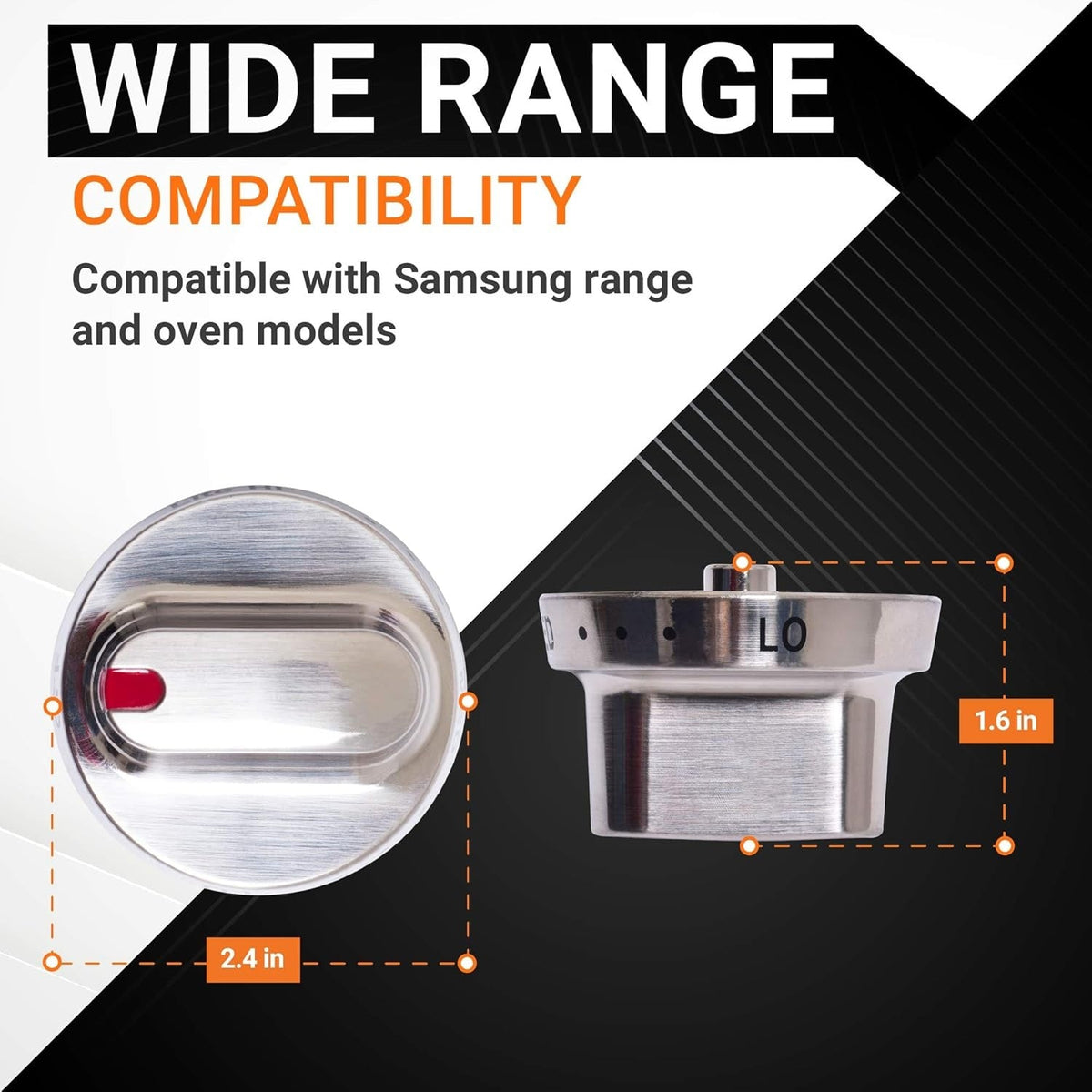 Dimensional diagram of Samsung stove knob showing 2.4 inch width and 1.6 inch height for range oven compatibility.