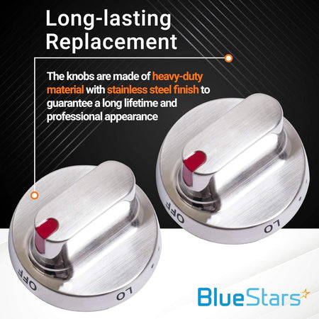 Two stainless steel Samsung stove replacement knobs with red indicators for range ovens.