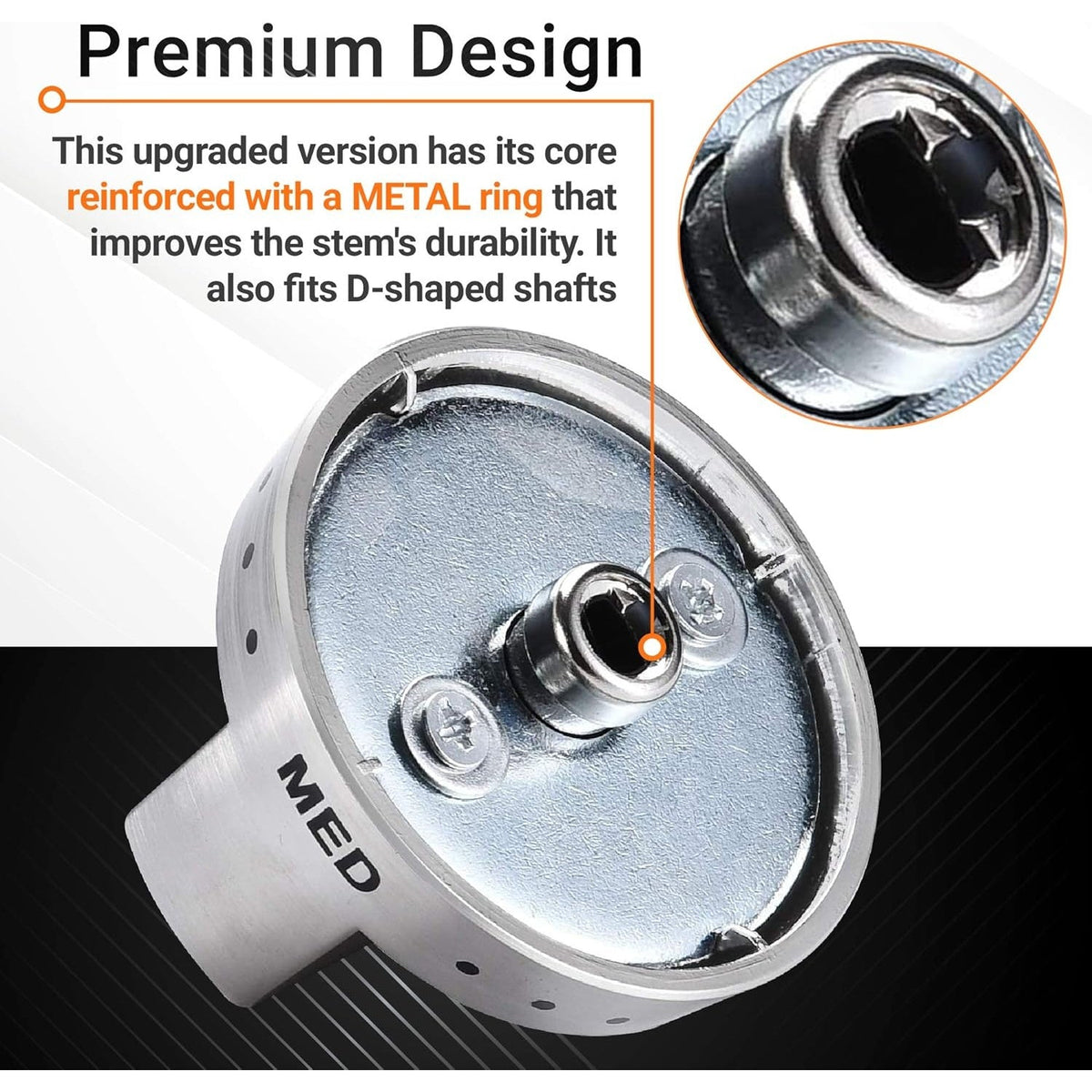 Close-up of Samsung stove knob showing reinforced metal ring insert for D-shaped shafts.