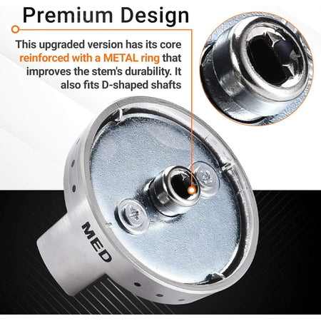 Close-up of Samsung stove knob showing reinforced metal ring insert for D-shaped shafts.