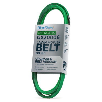 BlueStars GX20006 88.9-inch green replacement drive belt for John Deere lawn mowers in branded packaging.