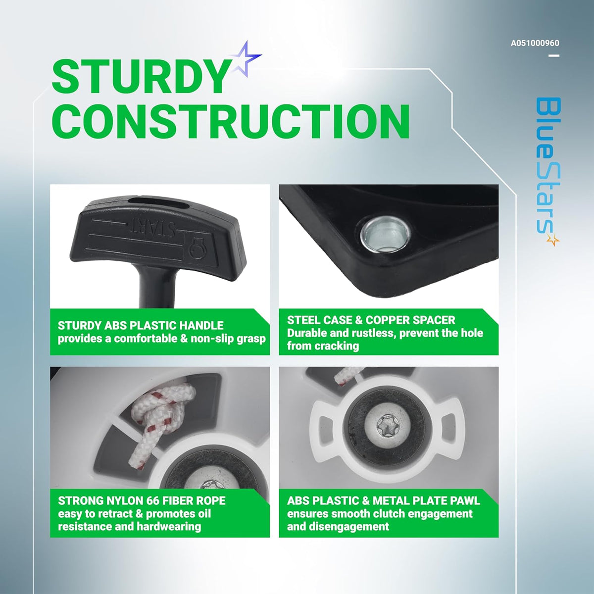 Infographic showing construction details of A051000960 recoil starter for Echo blowers, highlighting handle and pawl.