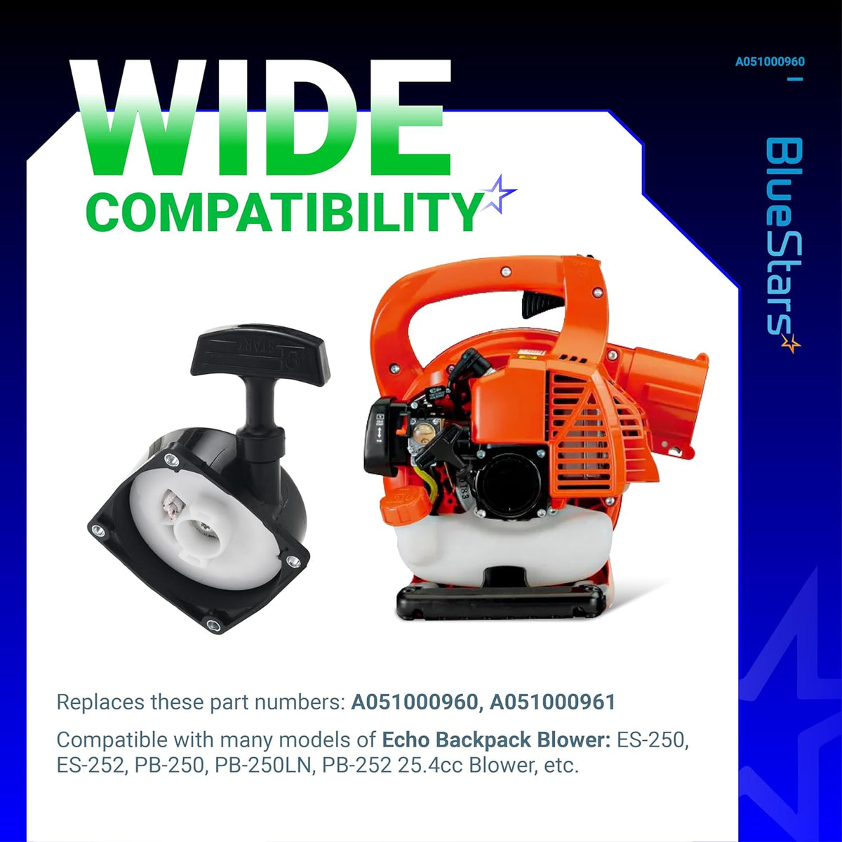 Recoil starter assembly for Echo ES-250 and PB-250 series blowers shown with compatible engine unit.