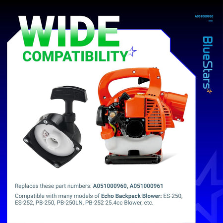 Recoil starter assembly for Echo ES-250 and PB-250 series blowers shown with compatible engine unit.