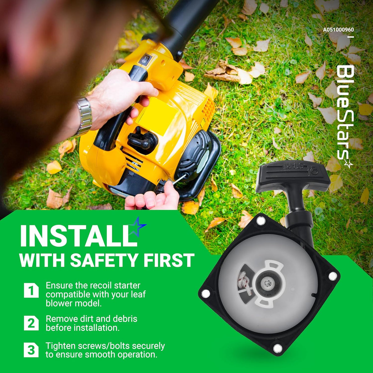 Recoil starter pull start installation guide for Echo leaf blowers with A051000960 replacement part.