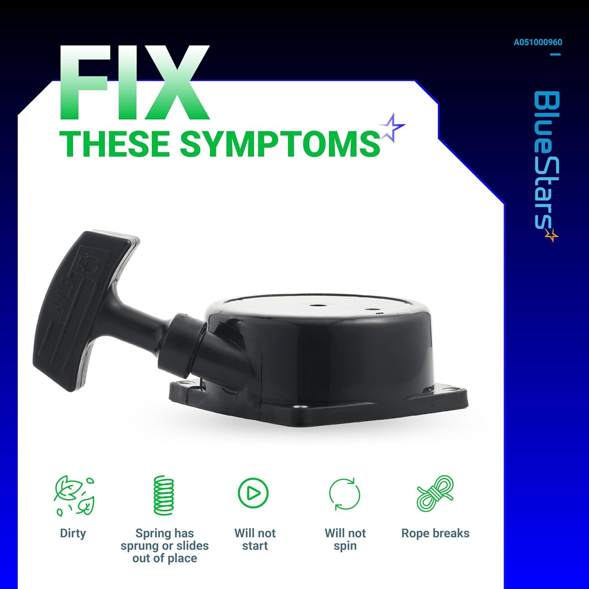 Recoil starter pull start assembly for Echo blowers with symptom troubleshooting graphic.