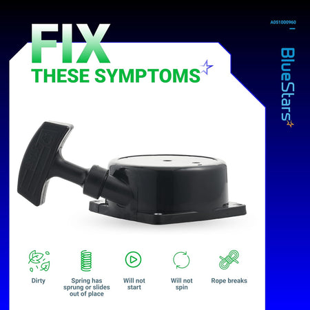 Recoil starter pull start assembly for Echo blowers with symptom troubleshooting graphic.