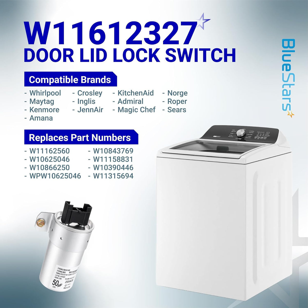 W11395618 Washing Machine Run Capacitor graphic showing a washer, capacitor, and W11162327 door lid lock switch text