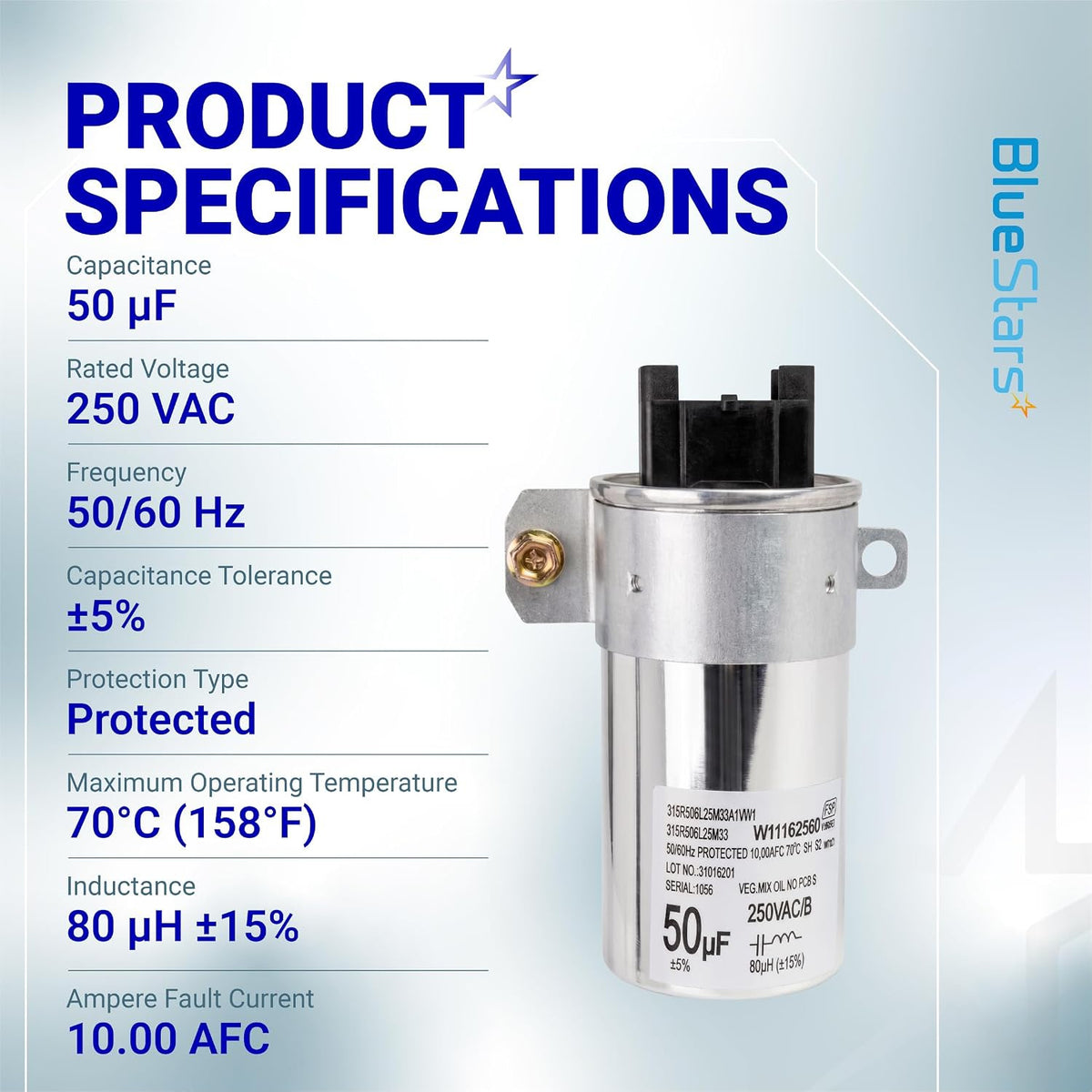 W11395618 washing machine run capacitor product specifications showing 50 µF, 250 VAC, and 50/60 Hz