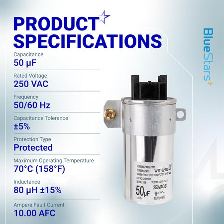 W11395618 washing machine run capacitor product specifications showing 50 µF, 250 VAC, and 50/60 Hz