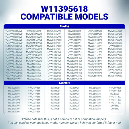 W11395618 Washing Machine Run Capacitor compatibility chart listing Maytag and Kenmore models