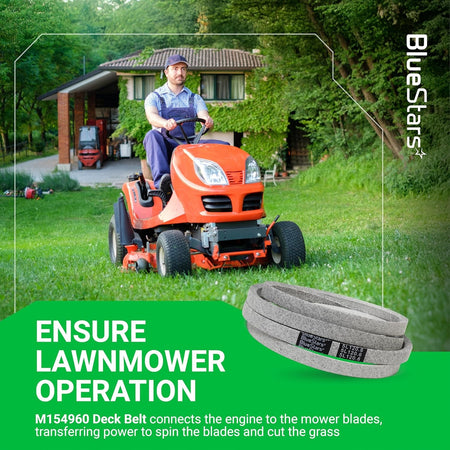 M154960 secondary deck belt for John Deere lawn tractors shown with a man operating a mower in a residential yard.
