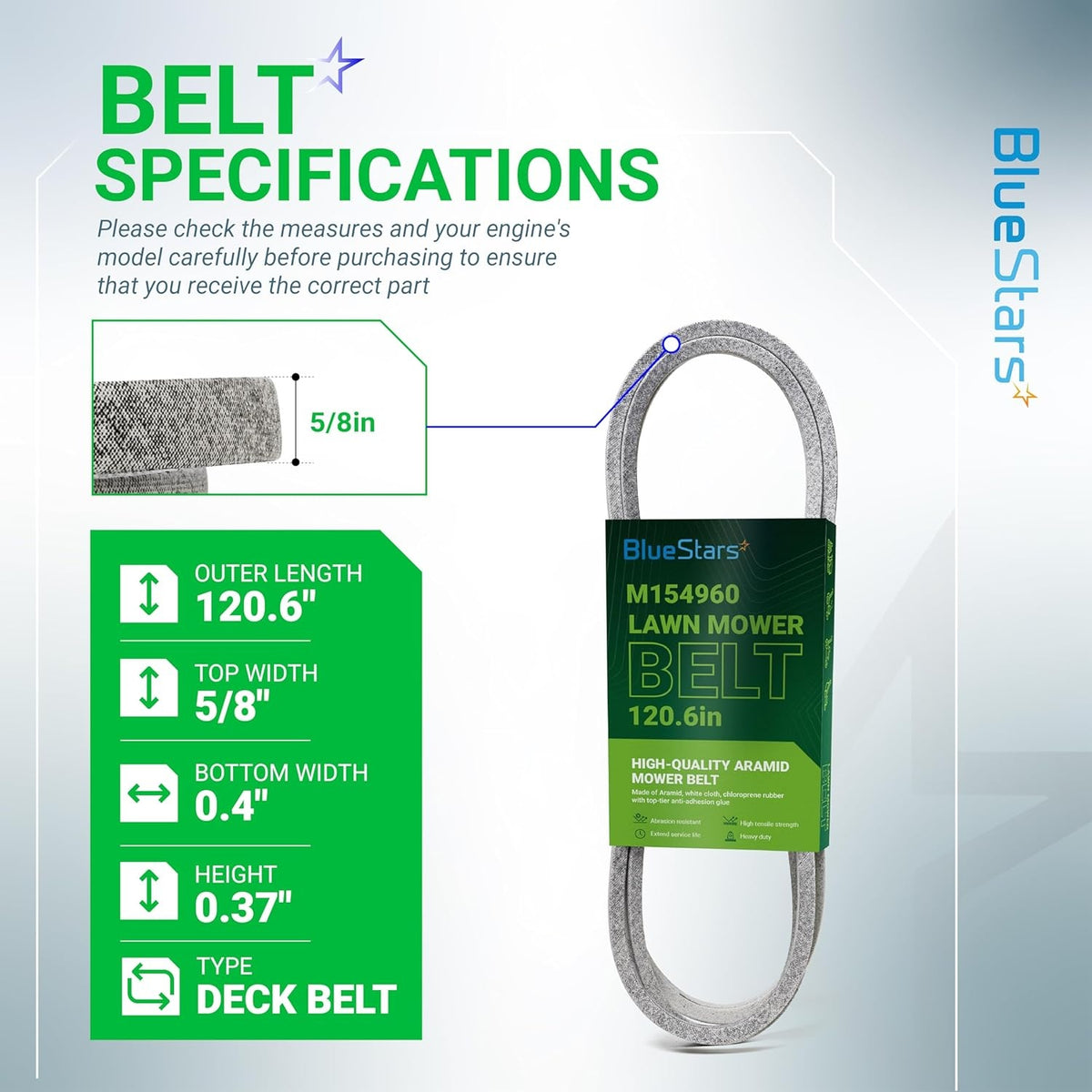 M154960 secondary mower deck belt specifications chart showing 120.6-inch length and 5/8-inch width dimensions.