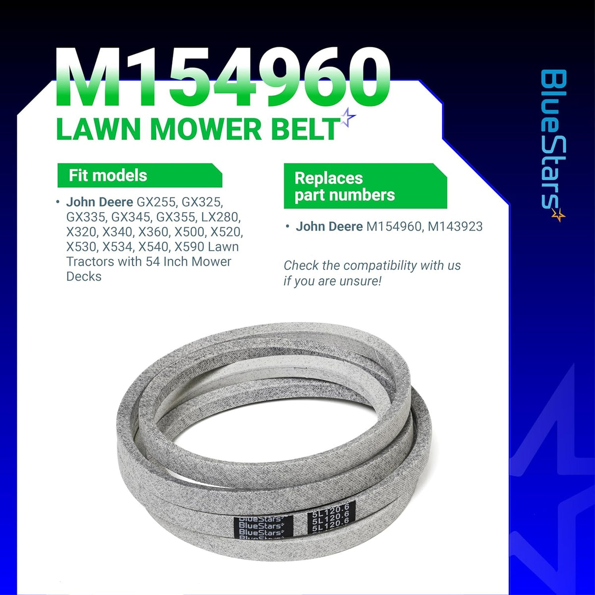 M154960 secondary mower deck belt for John Deere 54-inch lawn tractors with compatibility and part number info.