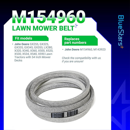 M154960 secondary mower deck belt for John Deere 54-inch lawn tractors with compatibility and part number info.