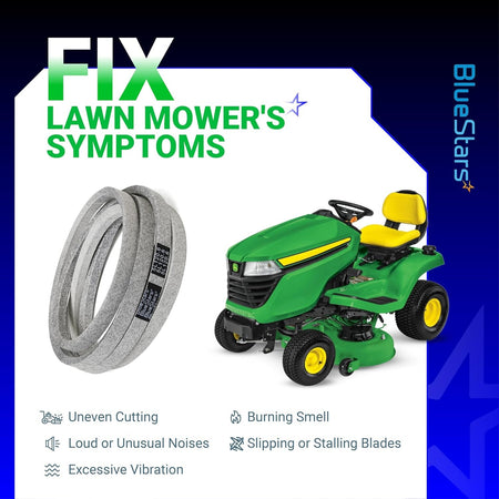 M154960 secondary deck belt for John Deere lawn mowers showing common symptoms of a worn mower belt.