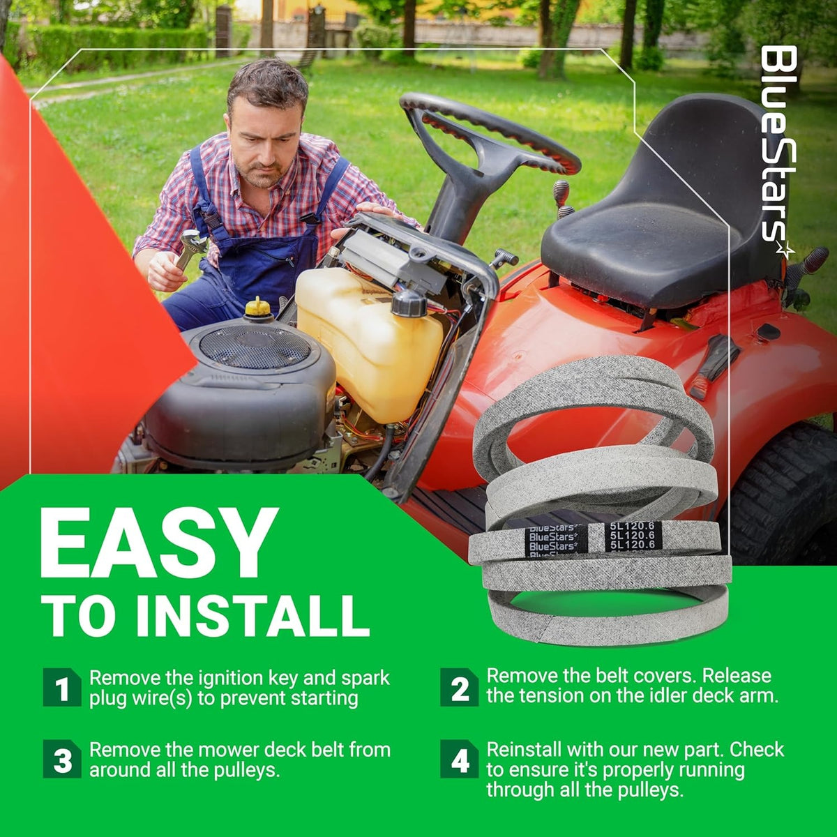 Instructional graphic showing M154960 secondary deck belt installation steps for John Deere lawn tractors.