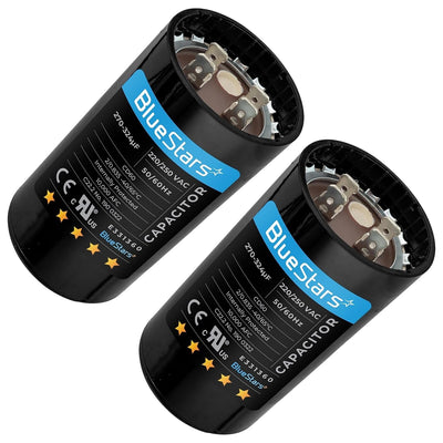 Two BlueStars 270-324 uF 250 VAC CD60 round motor start capacitors with terminal connectors.