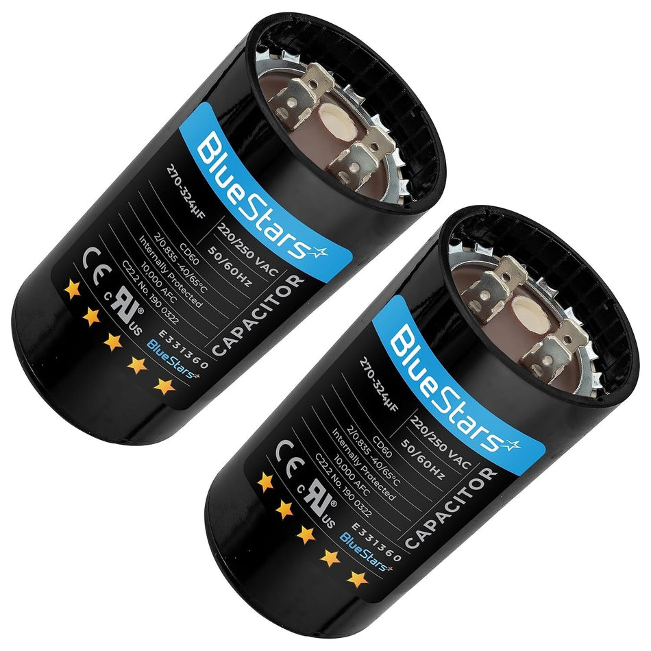 Two BlueStars 270-324 uF 250 VAC CD60 round motor start capacitors with terminal connectors.