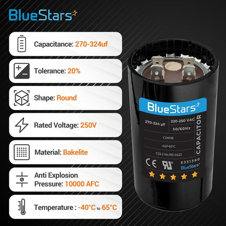 BlueStars 270-324 uF 250 VAC round motor start capacitor with technical specification infographic.