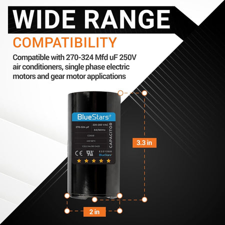 CD60 round motor start capacitor showing 3.3 inch height and 2 inch diameter dimensions for compatibility.