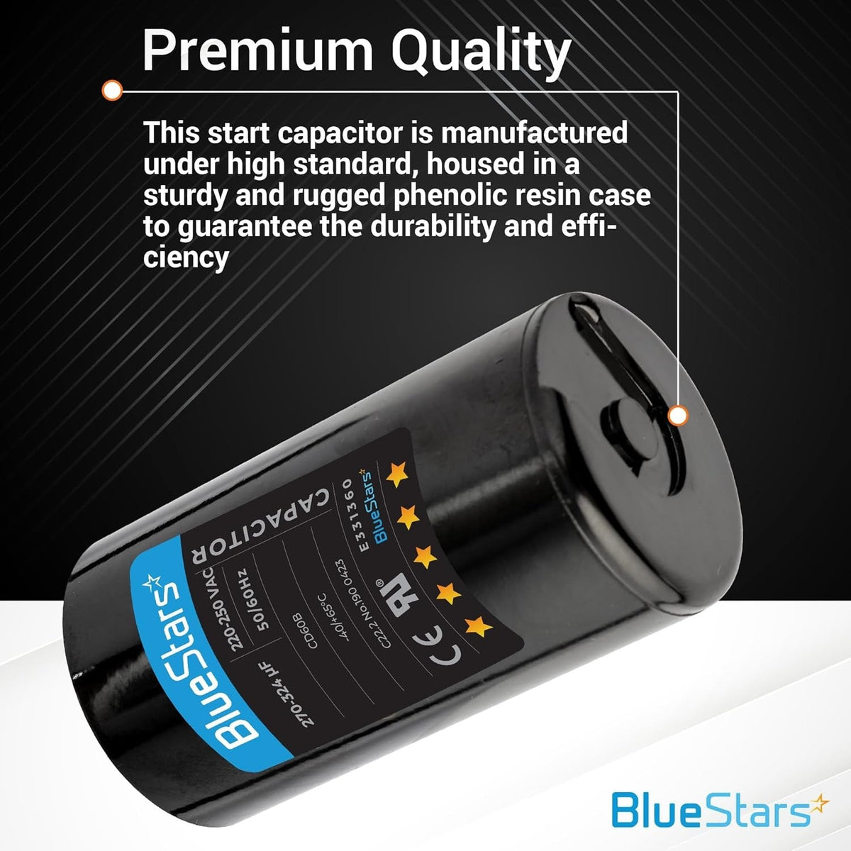 Single 270-324 uF 250 VAC CD60 round motor start capacitor with phenolic resin case and product specifications label.