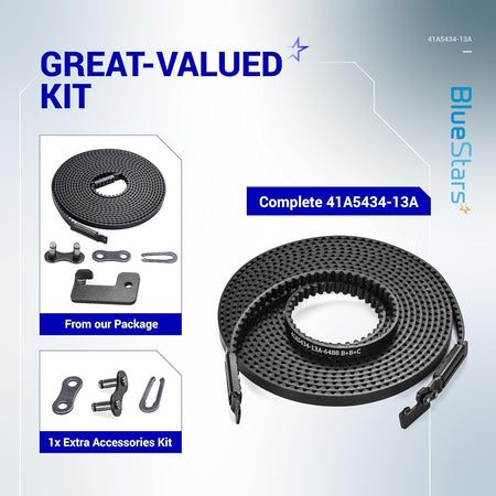 41A5434-13A garage door opener belt kit for 8ft doors including replacement drive belt and installation hardware.
