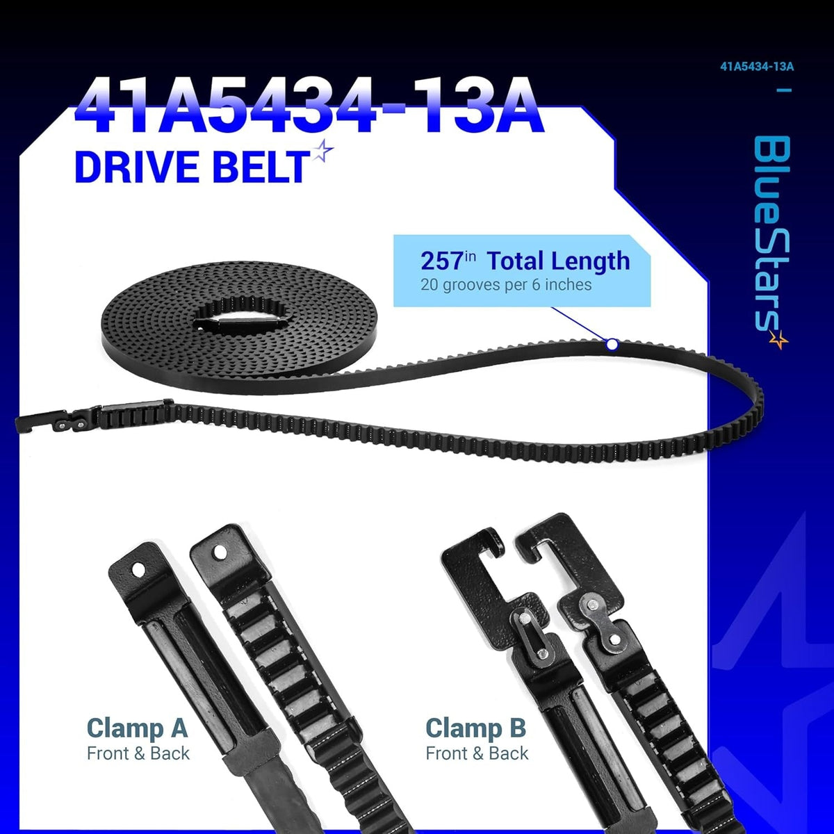 41A5434-13A garage door opener drive belt for 8ft doors with 257-inch length and detailed clamp assembly views.