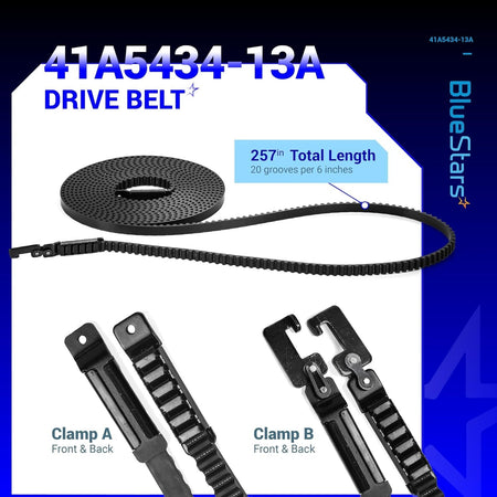 41A5434-13A garage door opener drive belt for 8ft doors with 257-inch length and detailed clamp assembly views.