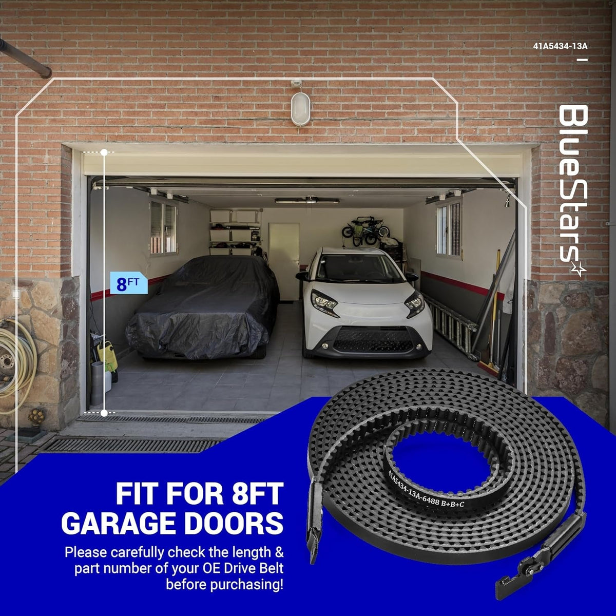 41A5434-13A garage door opener drive belt for 8ft doors shown with compatibility graphic.