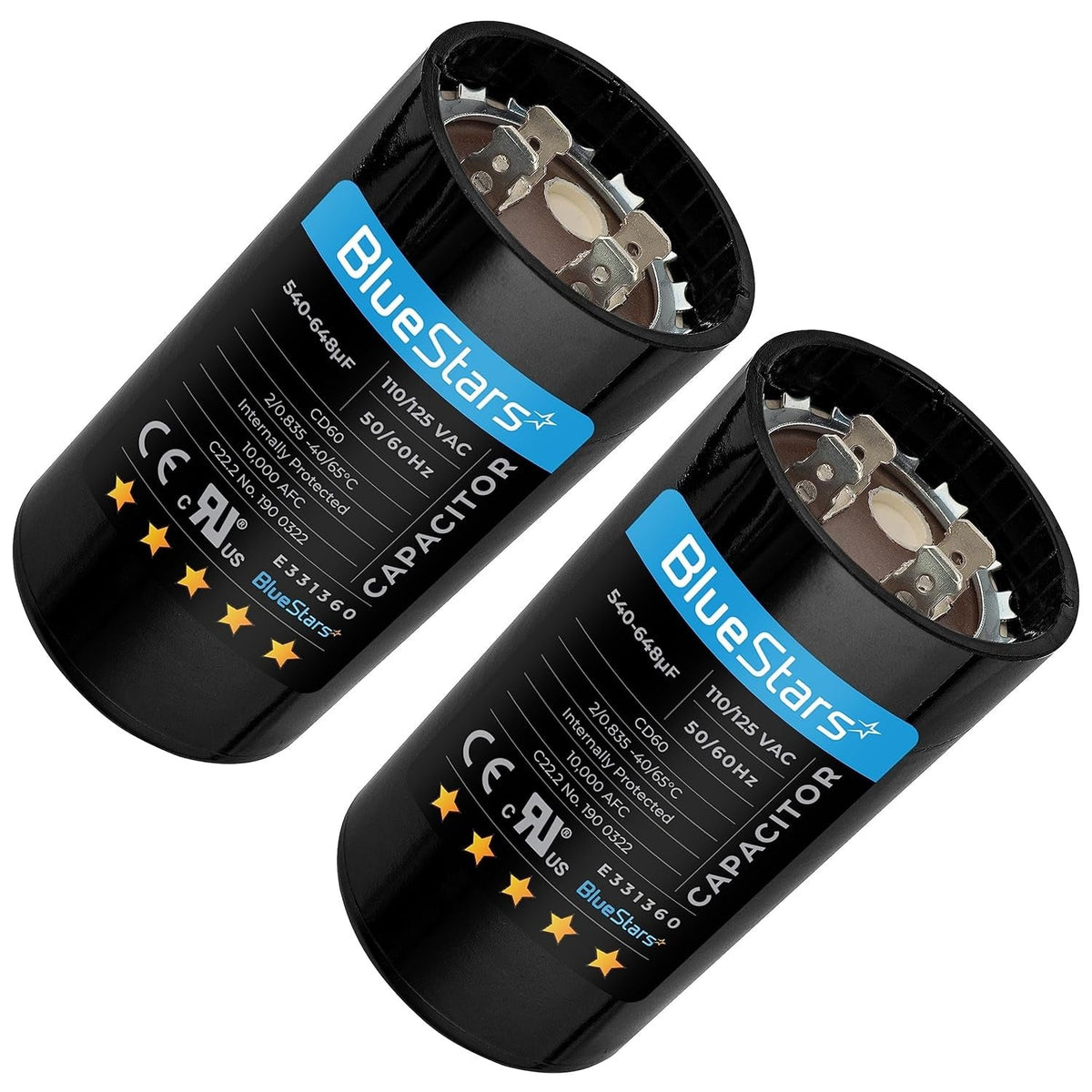 Two 540-648 uF 110-125 VAC round start capacitors for single phase motors and heat pumps.