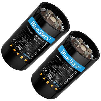 Two 540-648 uF 110-125 VAC round start capacitors for single phase motors and heat pumps.