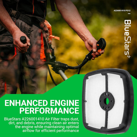 BlueStars A226001410 air filter for Echo trimmers and blowers shown in a promotional lifestyle graphic.